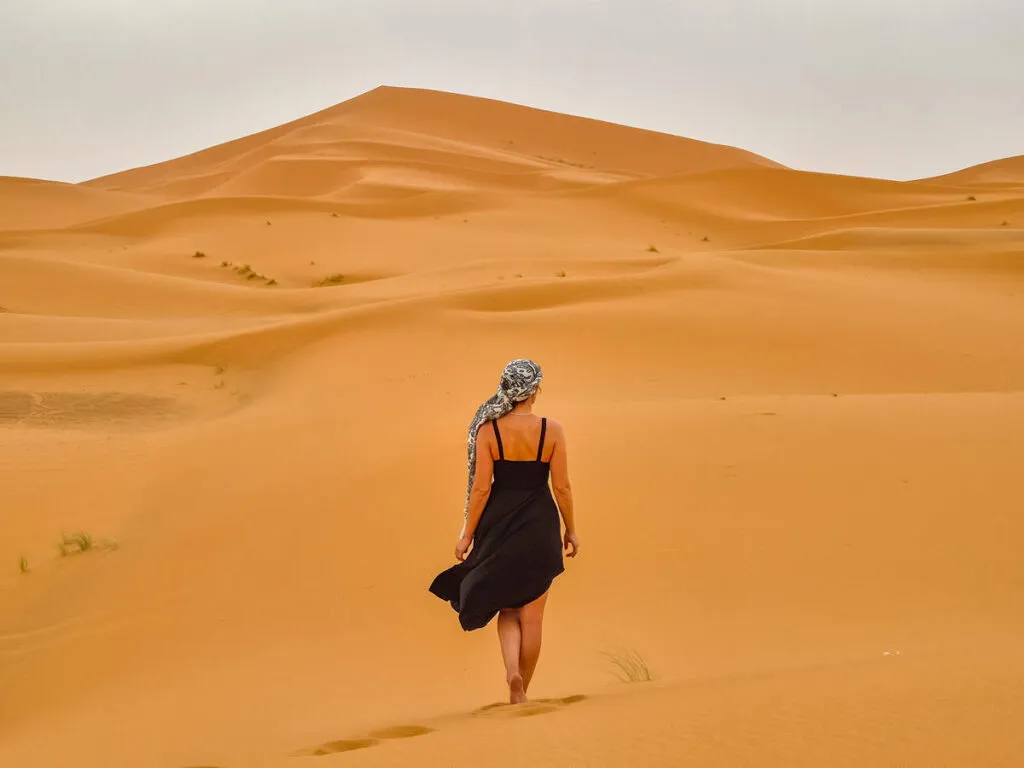 Balade à dos de dromadaire au coucher du soleil lors d'un circuit désert au Maroc